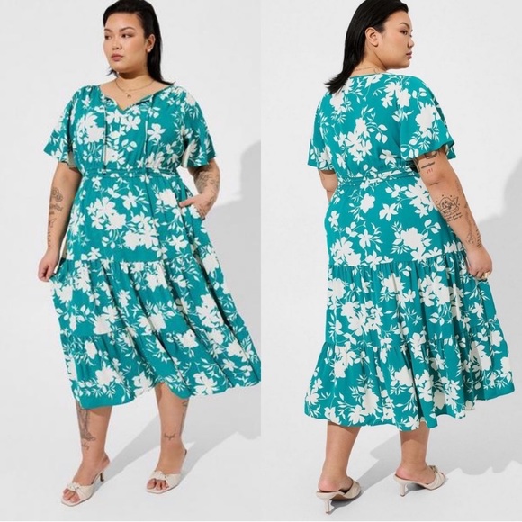 torrid Dresses & Skirts - NWT Torrid Tea Length Studio Crepe de Chine tie neck tiered dress sz 4 (4X-26)